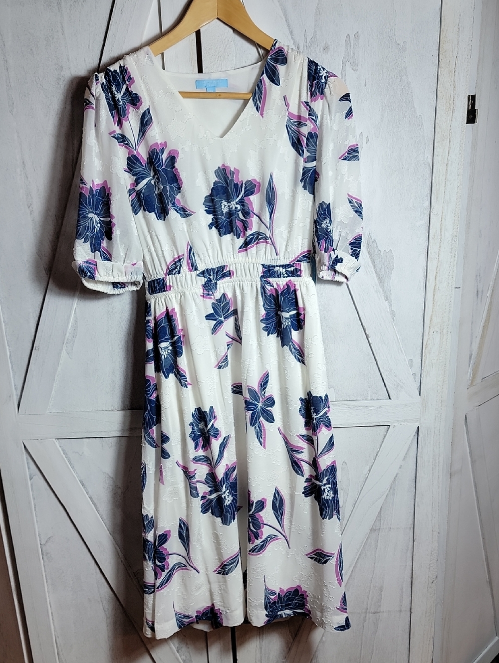 Draper James RSVP Ivory/Blue Elbow Sleeve Smocked V-neck Dress Size XS